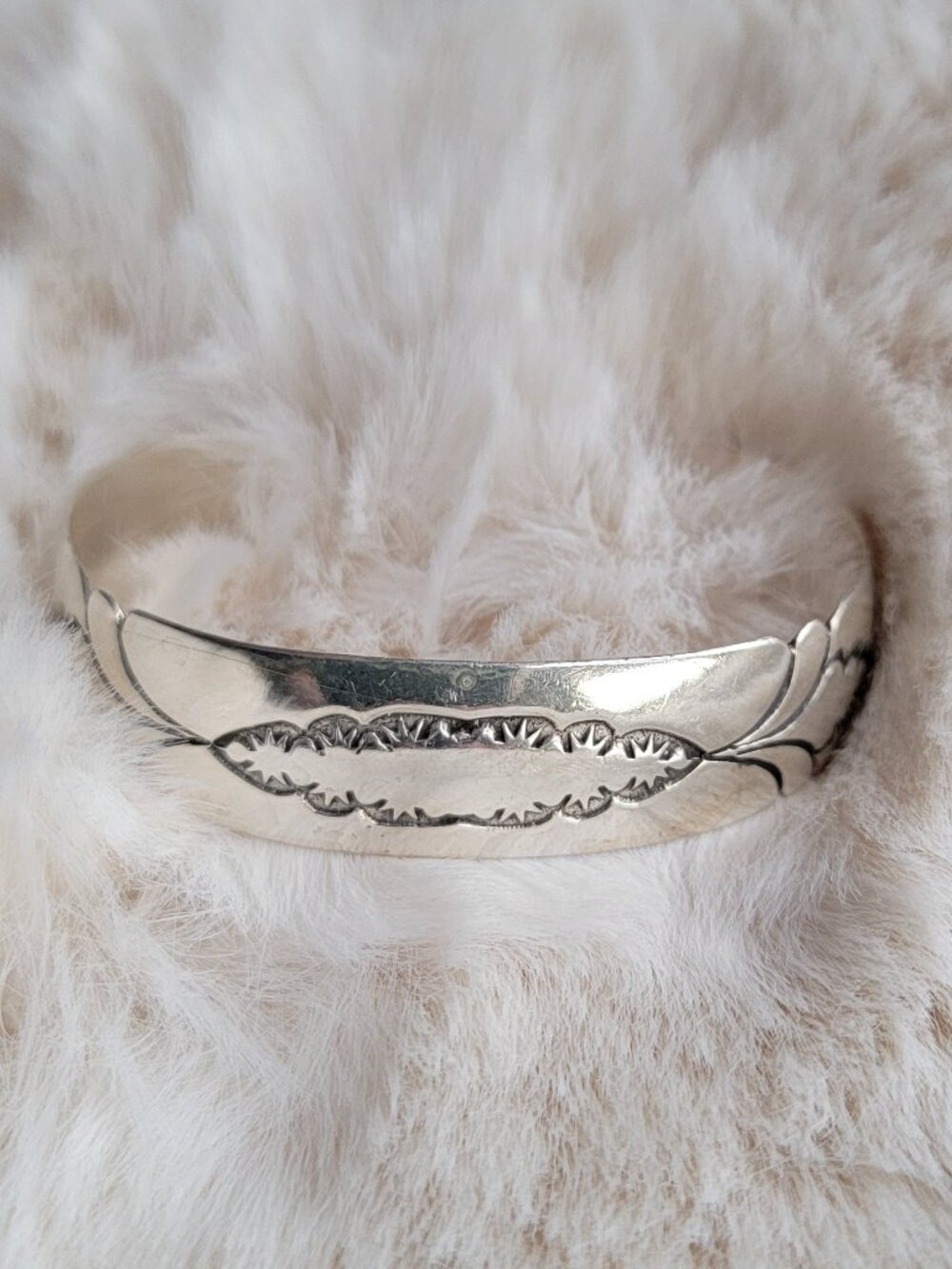 Vintage Raymond Ortiz Twinhorse Sterling Silver Hand Stamped Cuff Bracelet 26g